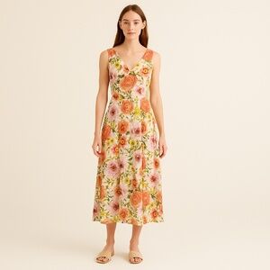 Paper Heart Anthropologie Floral Midi Dress Women Size Large V-Neck Linen blend